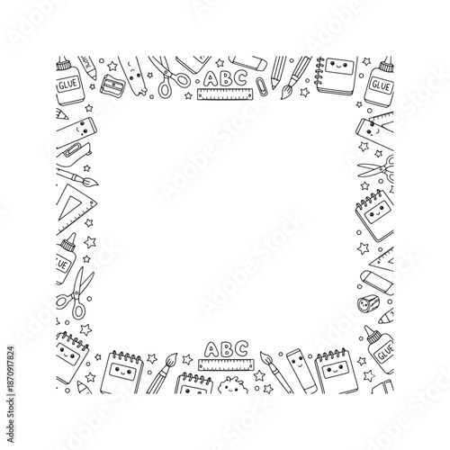 Kawaii school supplies border frame. Hand drawn cute stationery characters like pencil, ruler, glue, and scissors. Black and white education vector background for coloring page