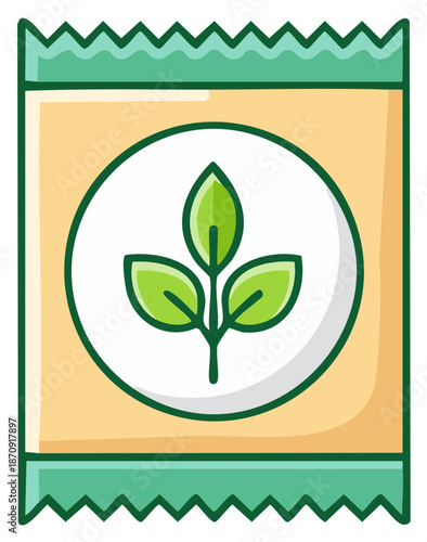 Seed packet with green sprout logo. Simple cartoon illustration for gardening.