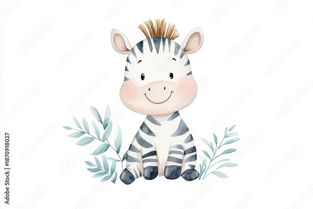 Fototapeta premium Cute watercolor zebra illustration perfect for nursery or children's decorations
