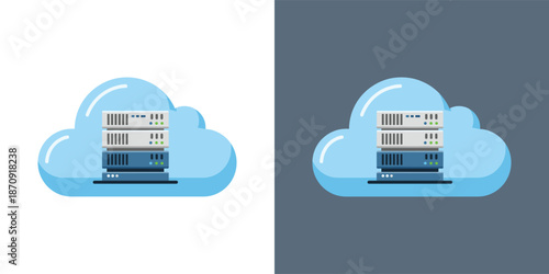 Server room illustration with cloud storage on a dual-toned background