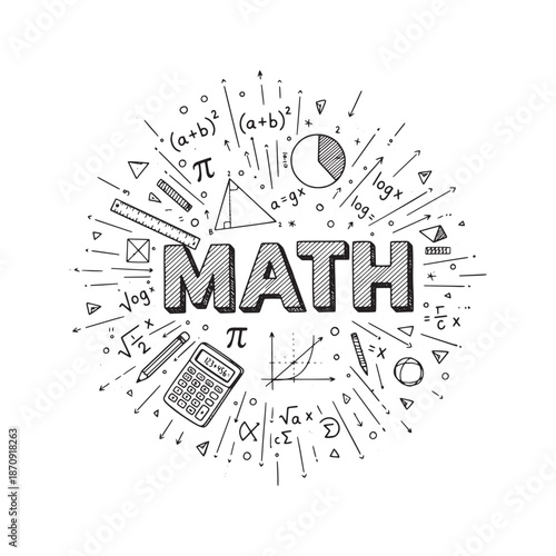 Hand drawn math doodles with text. Mathematics formulas, equations, and geometric shapes around the word Math. Education vector illustration