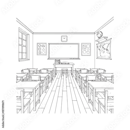 Empty school classroom interior sketch. Hand drawn vector illustration of a room with desks, chairs, chalkboard, and maps. Educational background design in black and white outline