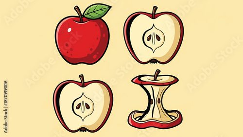 Red apple transformation set showing whole fruit cross section core