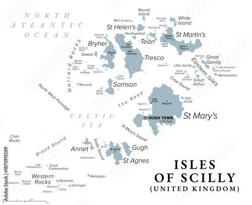 Isles of Scilly, United Kingdom, gray political map. Archipelago off the southern tip of Cornwall, England, with Hugh Town as capital and largest settlement on St Mary's, the largest island. Vector