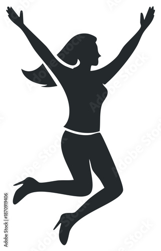 Silhouette of woman jumping with joy and arms raised for success or celebration in stiletto heels, symbolizing empowerment and triumph