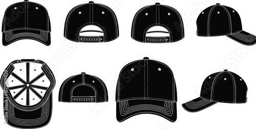 Baseball cap vector illustration, black and white hat views, snapback design angles, fashion accessory mockup, top, side, front, back perspectives.