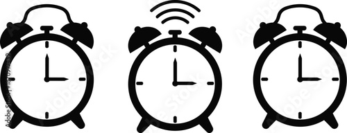 Alarm clock icon set, ringing alarm clock symbol, wake up time concept, reminder alert, schedule notification, minimal black silhouette illustration