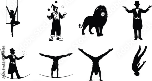 Black Circus Silhouette Set Featuring Acrobat, Clown Juggling, Lion, Ringmaster, Magician, Tightrope Walker, and Gymnast for Carnival Entertainment Performance and Event Design Graphics