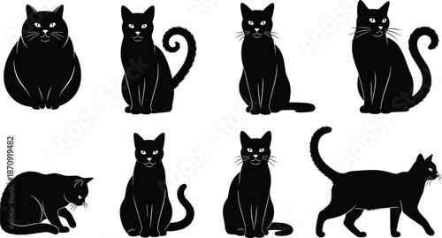 Black cat silhouettes set, various feline poses including sitting, walking, and crouching, domestic kitten vector icons isolated on white background, pet animal.