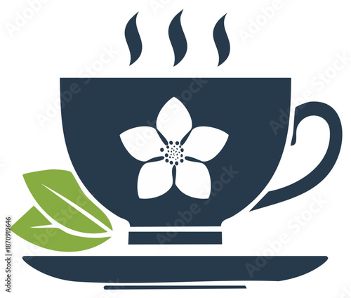 Minimalist vector illustration of a steaming dark blue teacup with a white floral design and green tea leaves