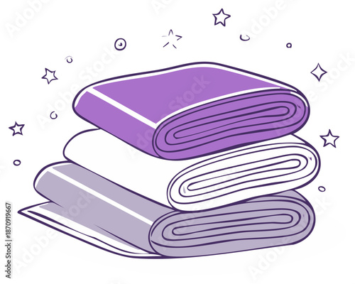 Stack of Rolled Fabrics Textile Materials with Stars and Orbs Doodle Illustration