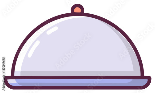 Cartoon-style Illustration of Elegant Silver Serving Cloche Cover with Peach Knob for Delicious Plated Meals
