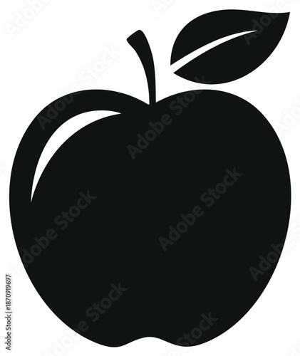 Minimalist black apple fruit symbol with stem and leaf for health and nutrition concepts