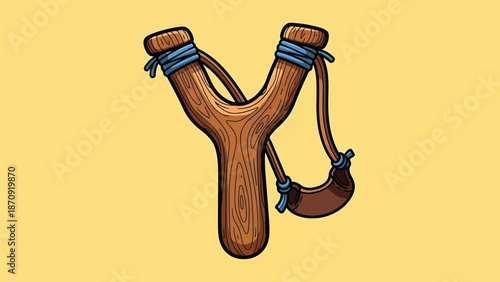 Wooden slingshot illustration with blue bands and leather catapult