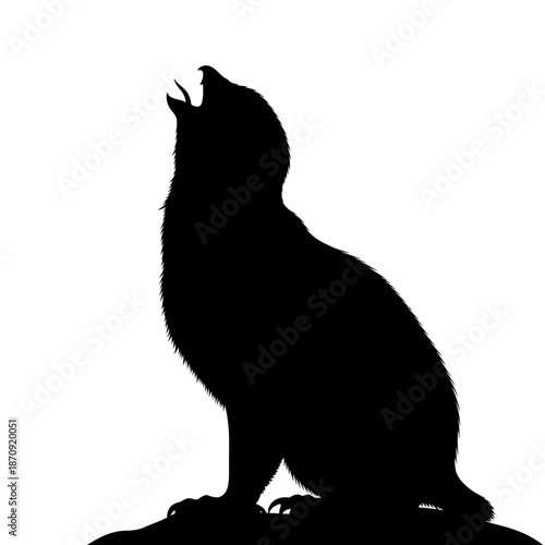 Silhouette of a howling sea lion against a bright white background.