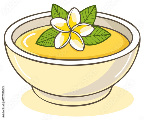 Natural cosmetic cream in a bowl with a tropical plumeria flower and green leaves vector illustration
