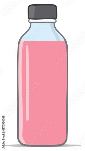 Clear glass bottle filled with vibrant pink liquid and a dark grey cap