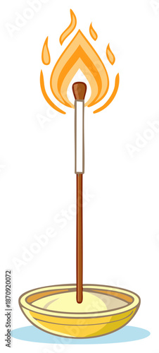 Cartoon illustration of a lit matchstick standing in a holder with a bright flame