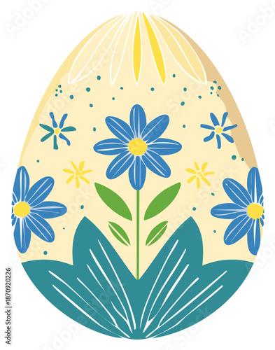 Traditional decorated Easter egg with blue flowers and a spring floral folk art pattern