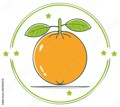 Orange fruit cartoon illustration in green circle and stars design