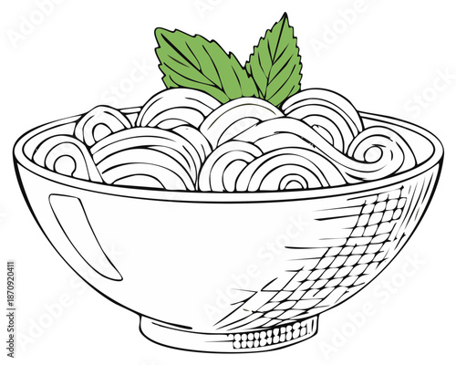 Noodle Bowl with Mint Leaves Illustration Asian Food Sketch Graphic Hand Drawn Dish Fresh Flavor Culinary Delight Noodles