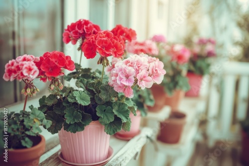 Wallpaper Mural Windows with blooming red geranium flowers. Row of colorful geraniums in pots lining the sidewalk on city street. Picturesque travel destination. Charming Alleyway Adorned with Flowers in a Village. Torontodigital.ca