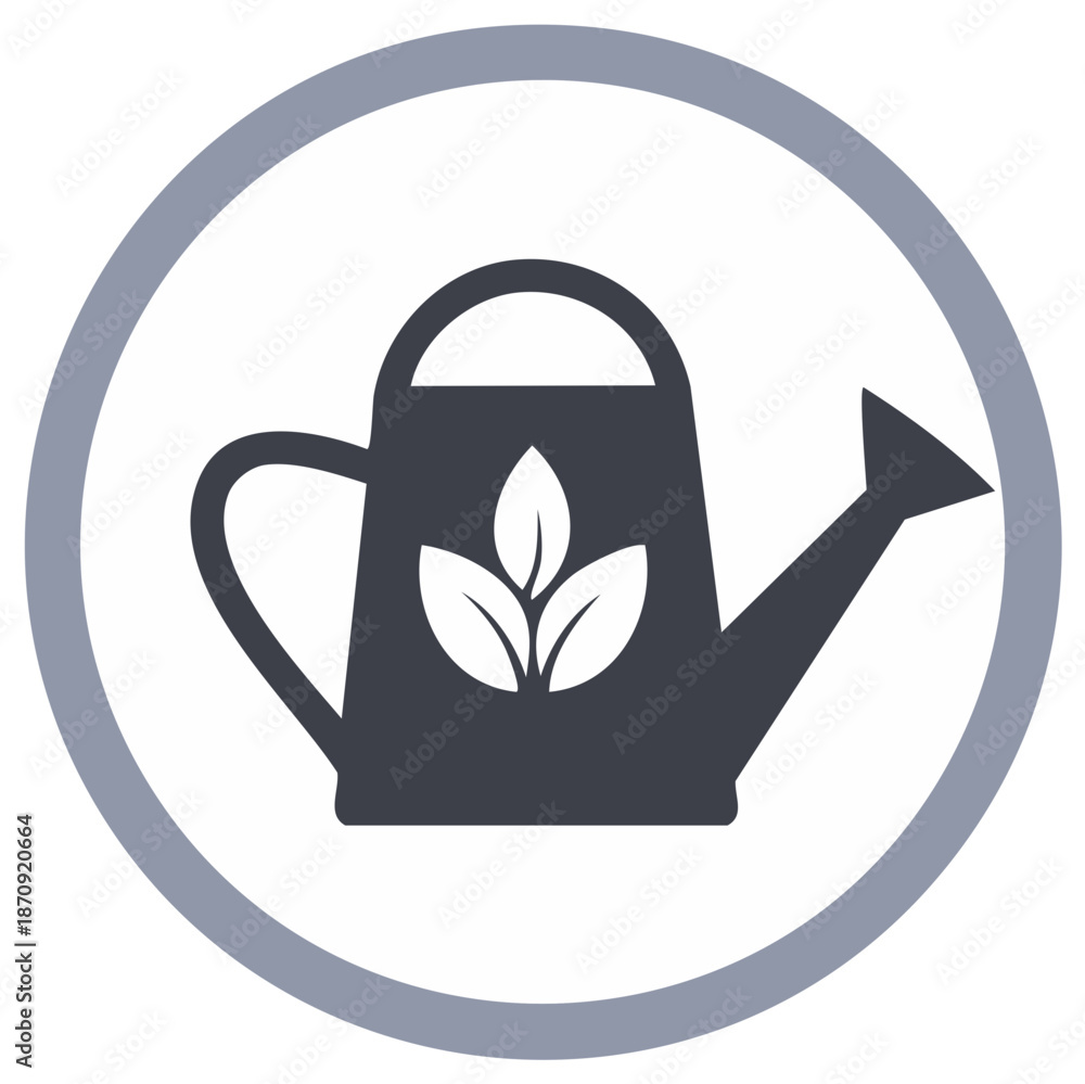 Obraz premium Minimalist watering can icon with three green leaves, symbolizing gardening, plant care, and nature's growth.