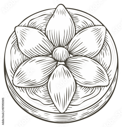 Hand drawn five petal flower medallion in a vintage engraving line art style