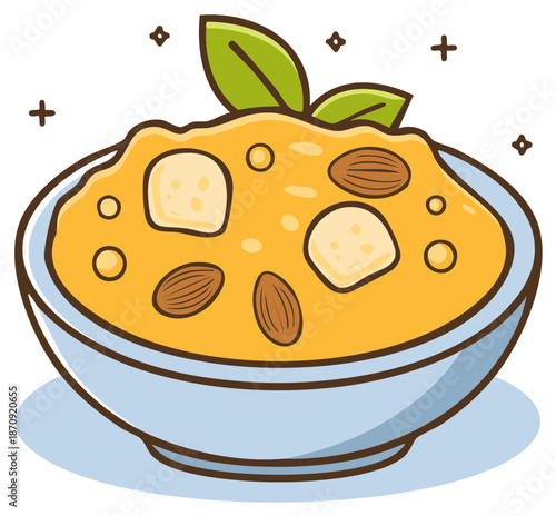 Cute cartoon bowl of curry with almonds and paneer, topped with leaves. Asian cuisine concept.