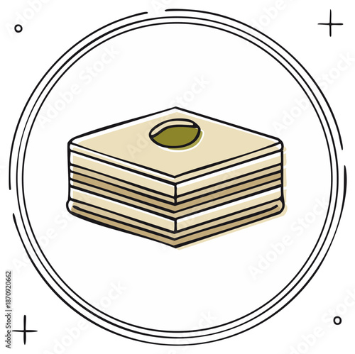 Hand Drawn Baklava Square Dessert with Pistachio and Circle Frame