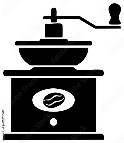Coffee Mill Icon: Manual Grinder Silhouette, Vintage Kitchen Equipment, Cafe Symbol