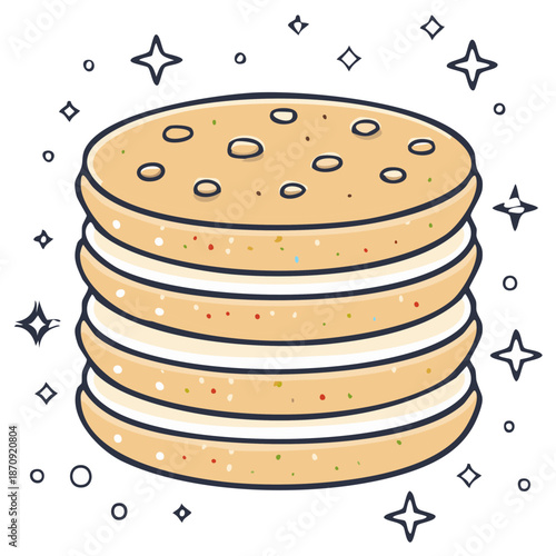 Stylized Pancake Stack with Filling and Sprinkles Illustrated with Stars and Geometric Shapes Decoration