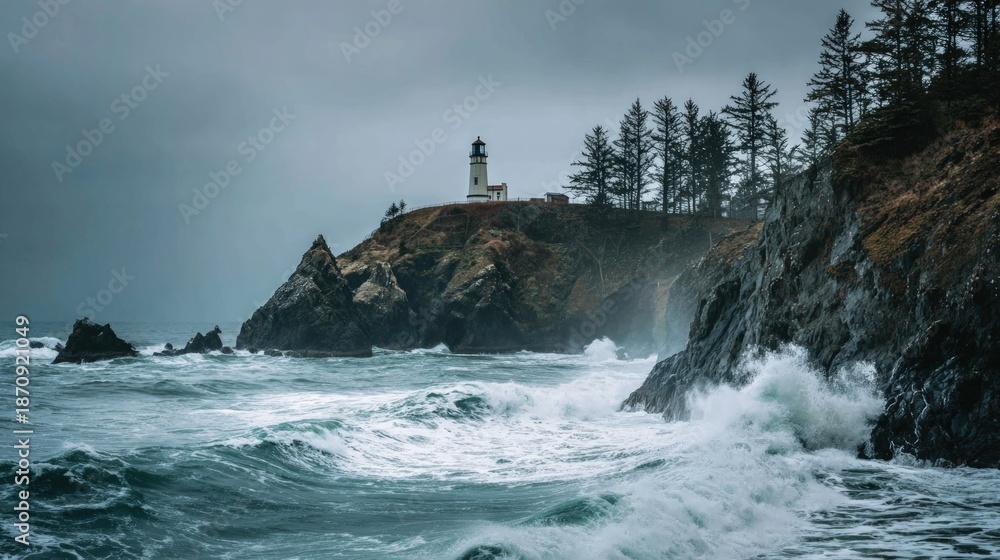 Fototapeta premium Coastal lighthouse stormy ocean rocks