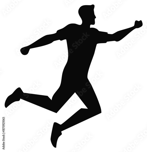 Silhouette of a man in motion, mid-stride, arms extended, representing athleticism and action.