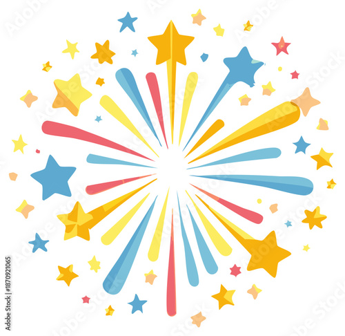 Colorful starburst and star confetti bursting outwards in celebration