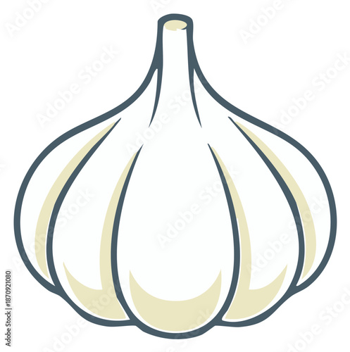 Stylized illustration of a whole garlic bulb with clean lines and soft shading