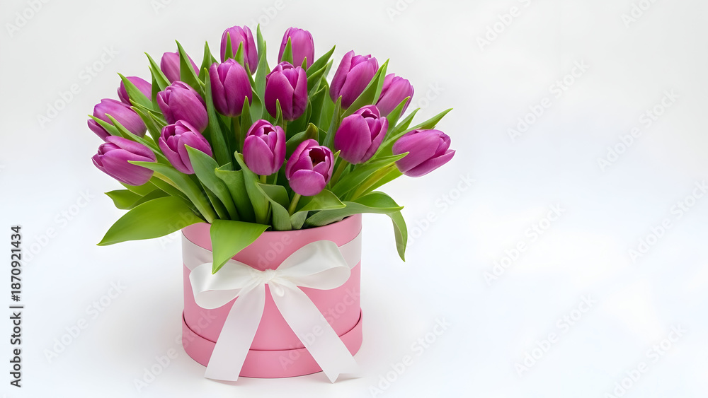Fototapeta premium Valentine's day gift idea pink tulips bouquet in decorative pink vase with white ribbon