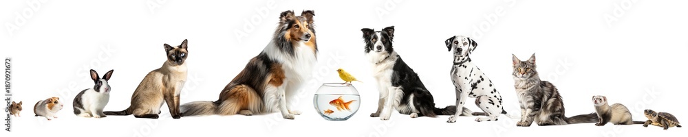 Fototapeta premium Lineup of domestic pets on white background PNG transparent — mouse, guinea pig, rabbits, siamese cat, collie, border collie, dalmatian, maine coon, ferret, turtle and fishbowl with canary