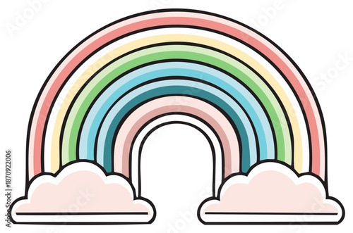Stylized vibrant pastel color rainbow with fluffy clouds illustration graphic element of dreams and diversity