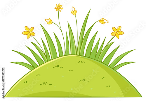 Vibrant cartoon green hill with lush grass and blooming yellow flowers illustration