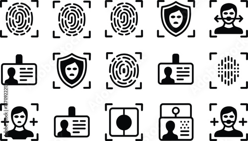 Biometric security icon set with fingerprint, face recognition, identity verification, access control symbols for digital privacy and cybersecurity systems