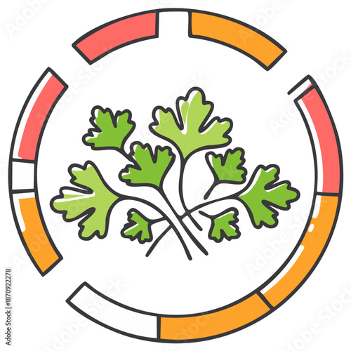 Stylized illustration of fresh green parsley leaves inside of a circular diagram.