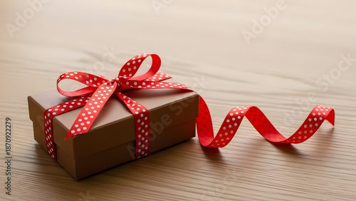 Valentine's day gift idea brown wrapped present with red ribbon