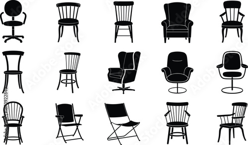 Black silhouette chair icon set featuring modern, classic, office, and home furniture seating designs for interior and graphic projects