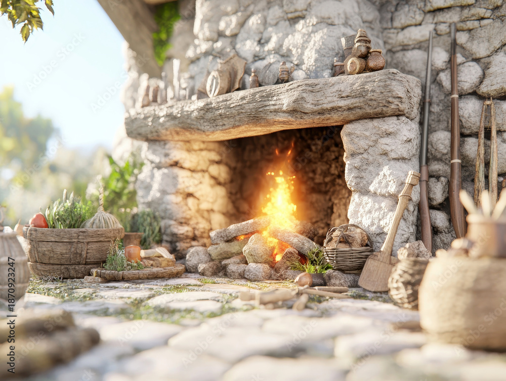 Fototapeta premium Rustic outdoor fireplace with stone surround and glowing fire in natural setting