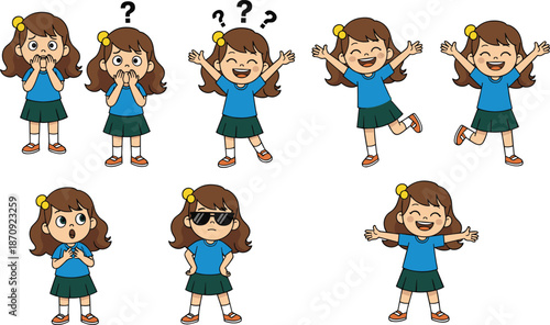 Set of cute cartoon girl characters with different facial expressions and emotions, young female student poses for children design concept,