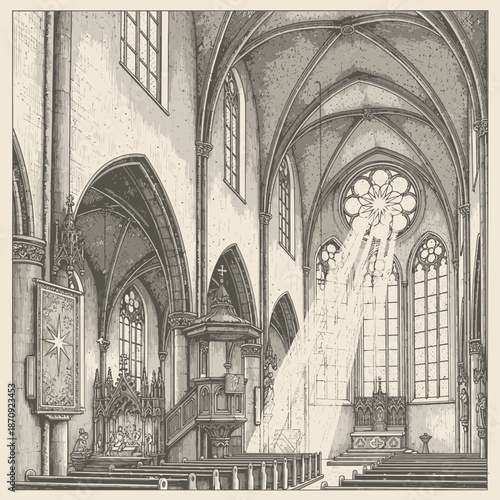 Interior of a Gothic Church with Sunbeams Streaming Through Stained Glass