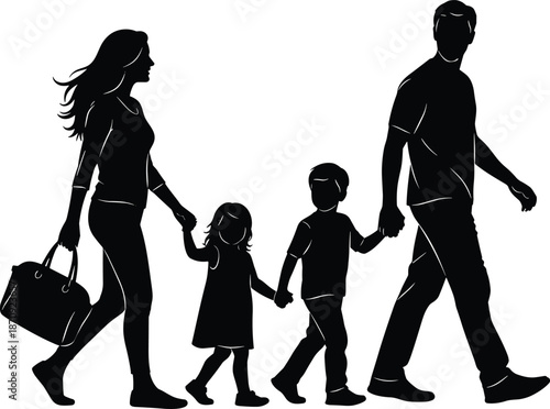 Silhouette of a happy young family with two children walking together, mother holding bag and daughter hand, father holding son hand, isolated vector