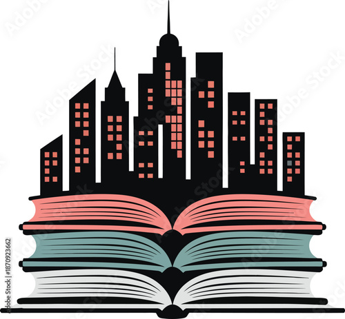 Urban landscape built upon stacks of knowledge and literature symbolizing education's role in society