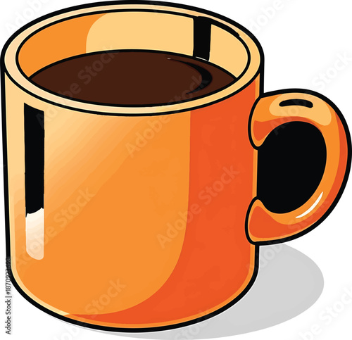 Orange ceramic coffee mug filled with dark espresso on transparent background